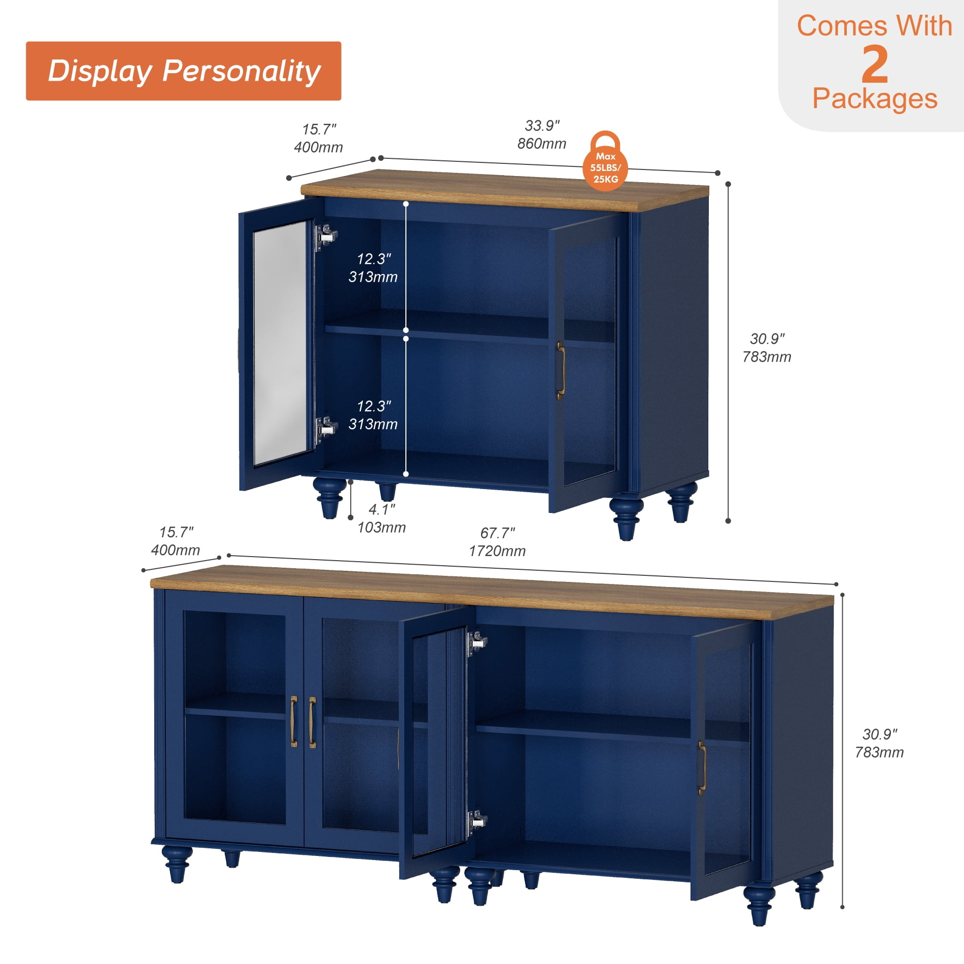 68" Buffet Cabinet with 4 Glass Doors, Kitchen Storage Cabinets, Wood Coffee Bar Table with Adjustable Shelf, Sideboard Credenza for Dining Room, Navy Blue