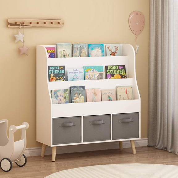 Noble House Karen Kids Bookshelf with 3 Fabric Bins, Wooden Book Rack Organizer with Pine Legs for Nursery, White