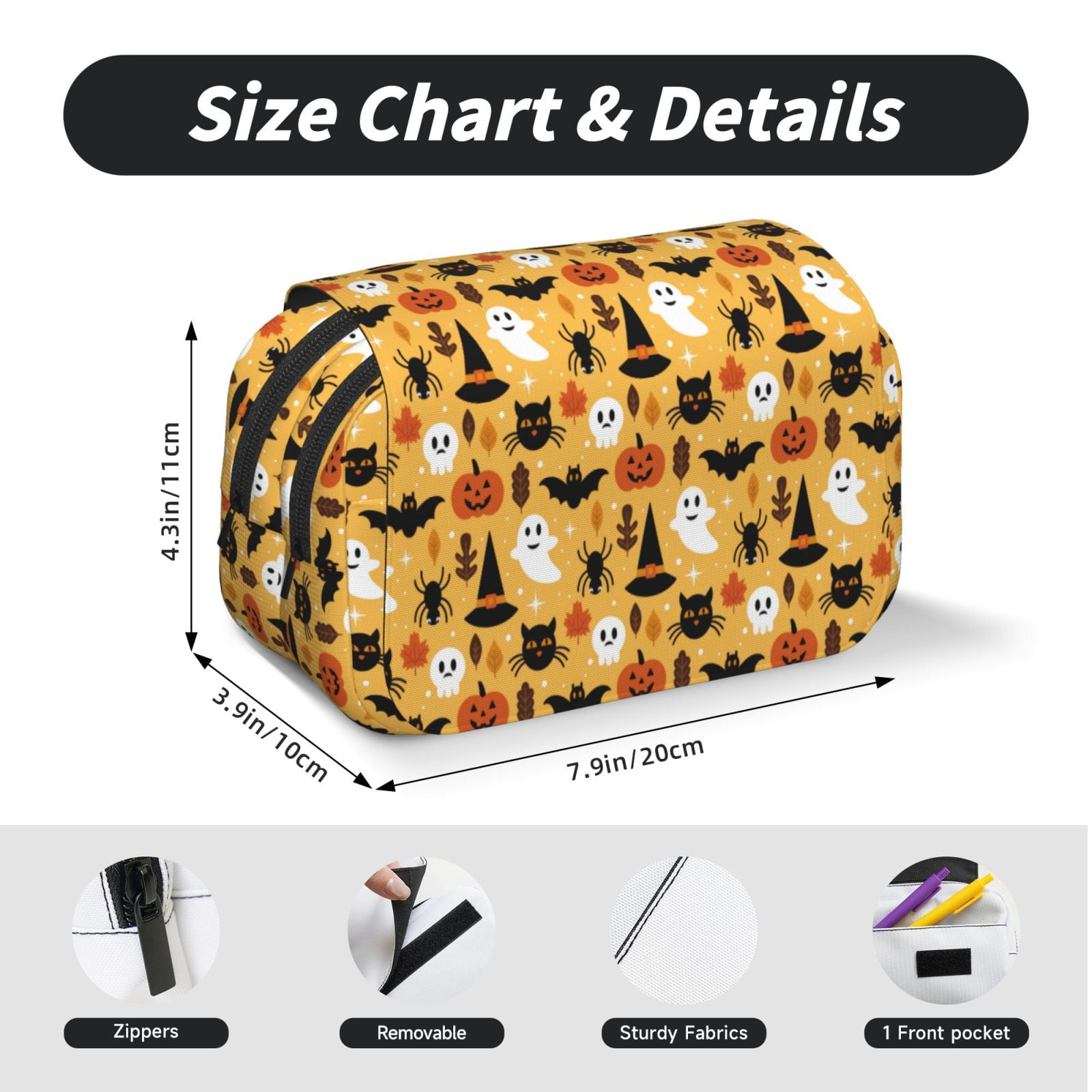 Rateoe Halloween Ghost Pumpkin Pattern Double Clamshell Pen Case, Storage Organizer with Two Zipper Compartments– Holds Up to 50 Pencils & Pens