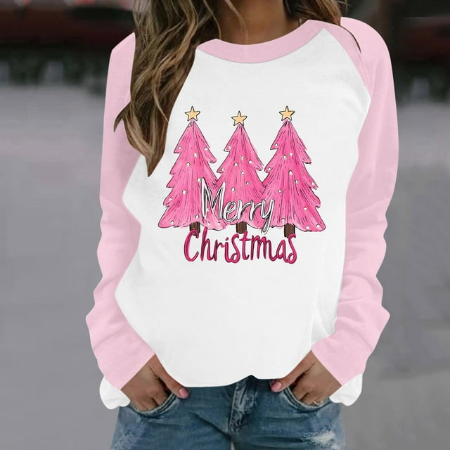 Fankiway Chandails à Manches Longues pour Femmes Chandail Raglan à Manches Longues à Col Rond Imprimé de Noël Décontracté pour Femmes Rose 5TG