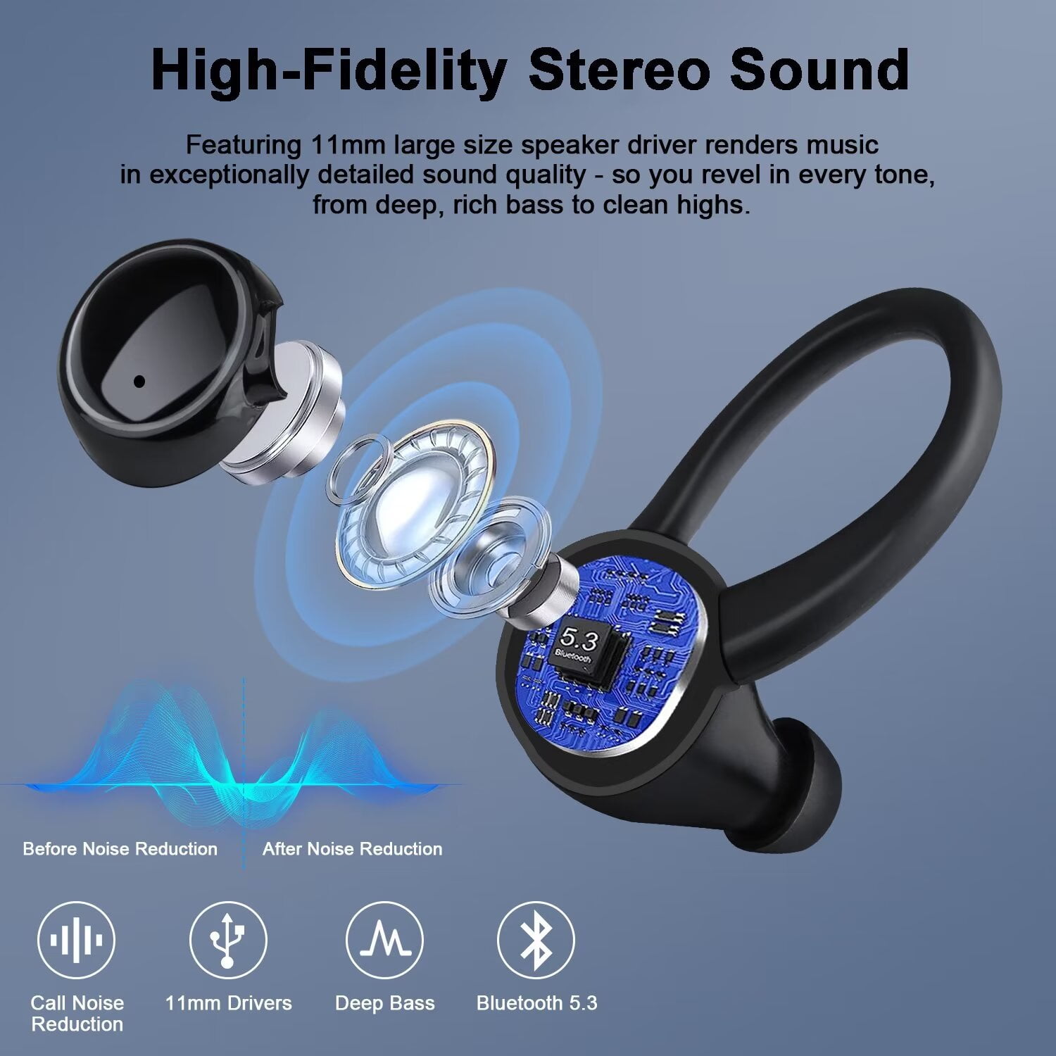 Wireless Earbud for iPhone,Android Bluetooth Headphones 48hrs Playtime Waterproof IPX8 Noise Cancelling Bluetooth Headset In-Ear Earbuds with Ear Hooks and Charging Case