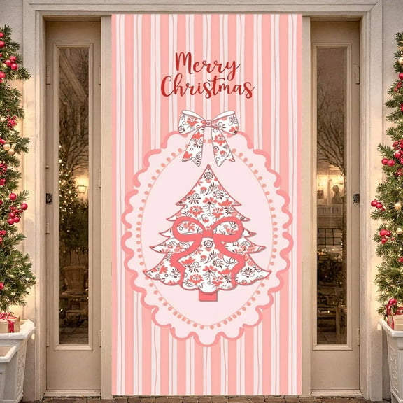 Pink Theme Christmas Banner Striped Pattern Merry Christmas Banner Christmas Tree Design Vintage Truck Xmas Banner for Christmas Party Holiday Decoration Indoor Event