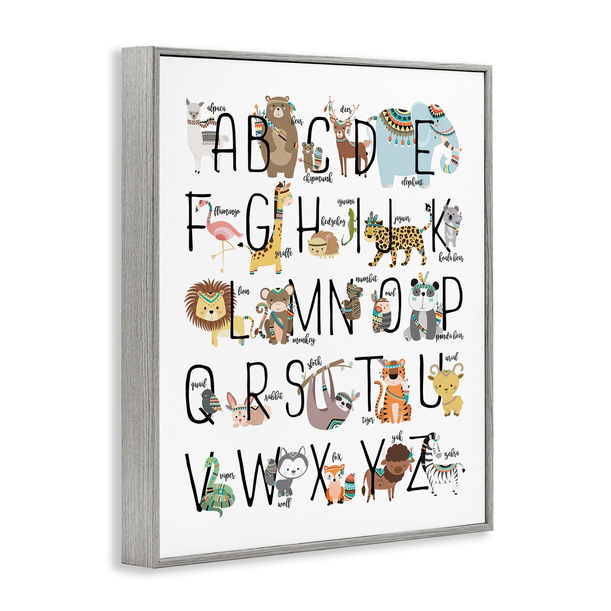 Stupell Industries Tribal Animals ABCs Graphic Art Gray Framed Art Print Wall Art, 24x30, by Erica Billups
