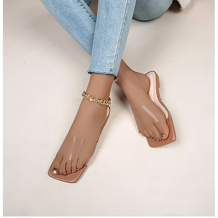 

YANHOO Women Clear Uppers Sandals Open Square Toe Slip on Flat Slides Transparent Beach Party Shoes