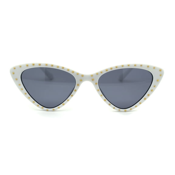 Womens Metal Stud Trim Gothic Cat Eye Plastic Sunglasses White Solid Black