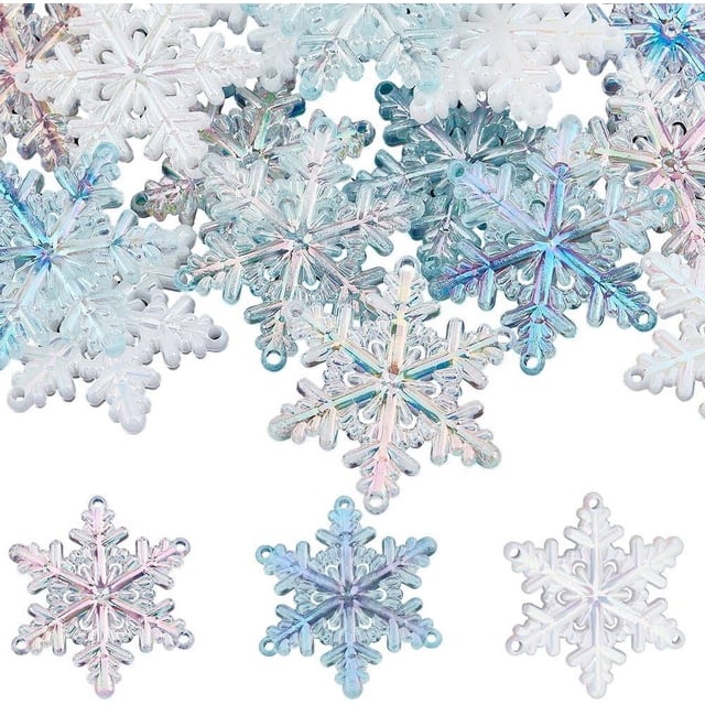 30Pcs Acrylic Snowflake Ornaments Bulk Christmas Snowflakes Link Charms Plastic Winter Glitter Snow Flakes Christmas Tree Hanging Decorations for Wonderland Holiday New Year Home Decor Craft
