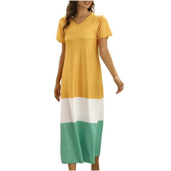 Maxi Dresses for Women Summer Short Sleeve V-Neck Color Blocking Long Dress Casual Loose Comfy Beach Tshirt Dress