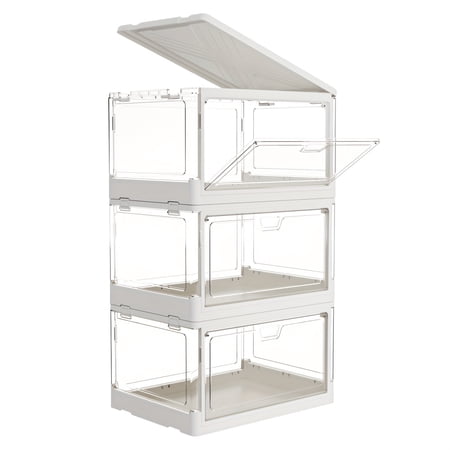 3-Pack Clear Plastic Storage Bins with Magnetic Lids - 24Qt Stackable & Foldable High Quality Organizers for Closet, Living Room, Bedroom, Office - Multi-Purpose Space-Saving Storage Solutions, Versa