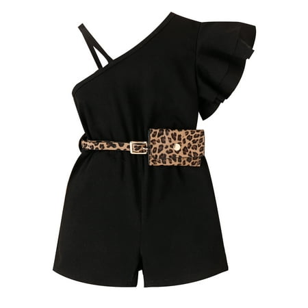 

Toddler Baby Girl Summer Romper One Shoulder Solid Color Shorts Casual Short Jumpsuit with Waist Bag Set
