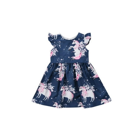 

SSPalu Summer Baby Girls Dress Round Neck Unicorn Sleeveless Blue Dresses