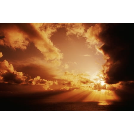 Orange Sunset Over Ocean Sunrays Bursting Through Puffy Clouds Canvas Art - Larry Dale Gordon  Design Pics (17 x