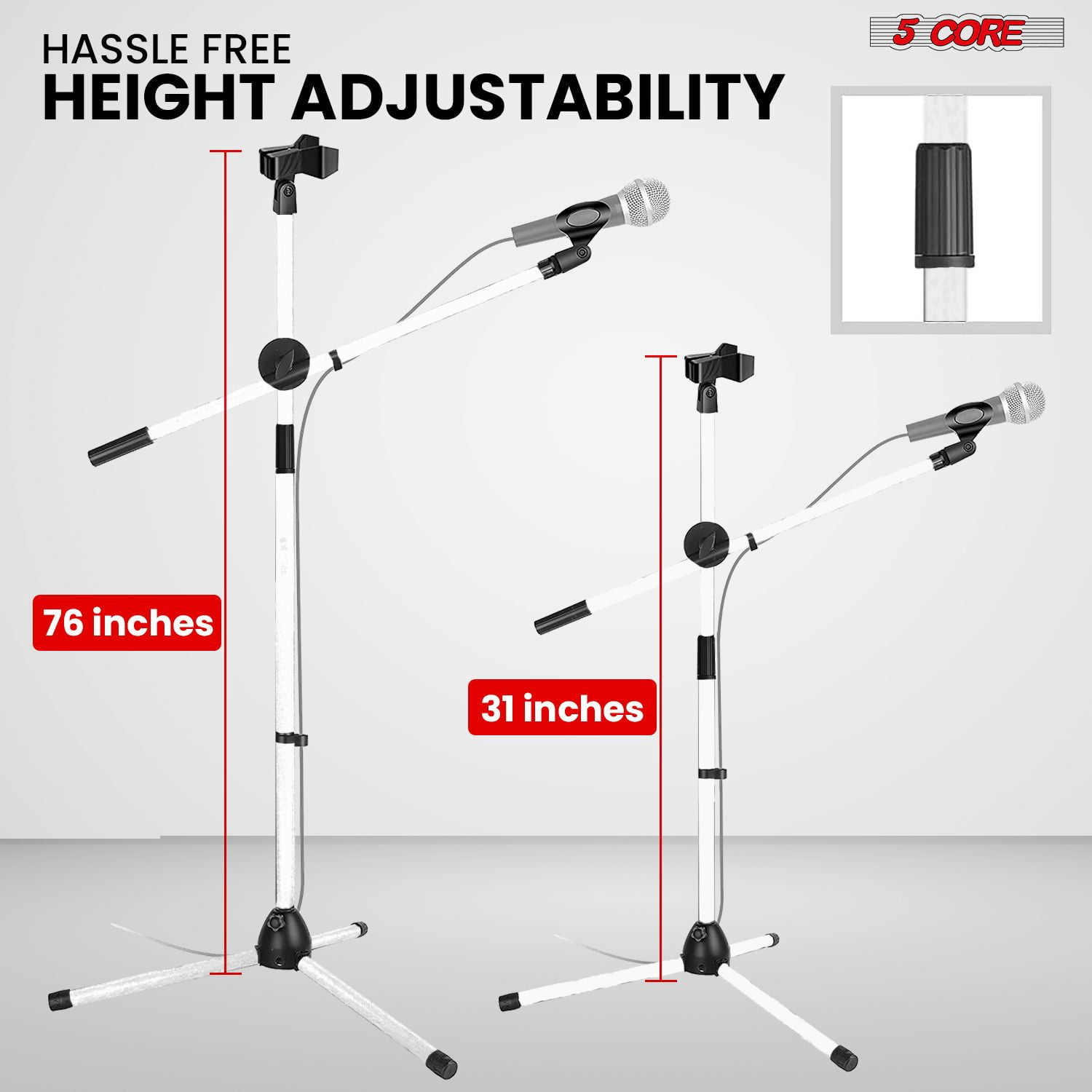 Tripod Mic Stand Floor Adjustable 31 to 76 Inches Boom Arm Holder Microphone Stands 360 Degree Rotating + Dual Mic,WHITE