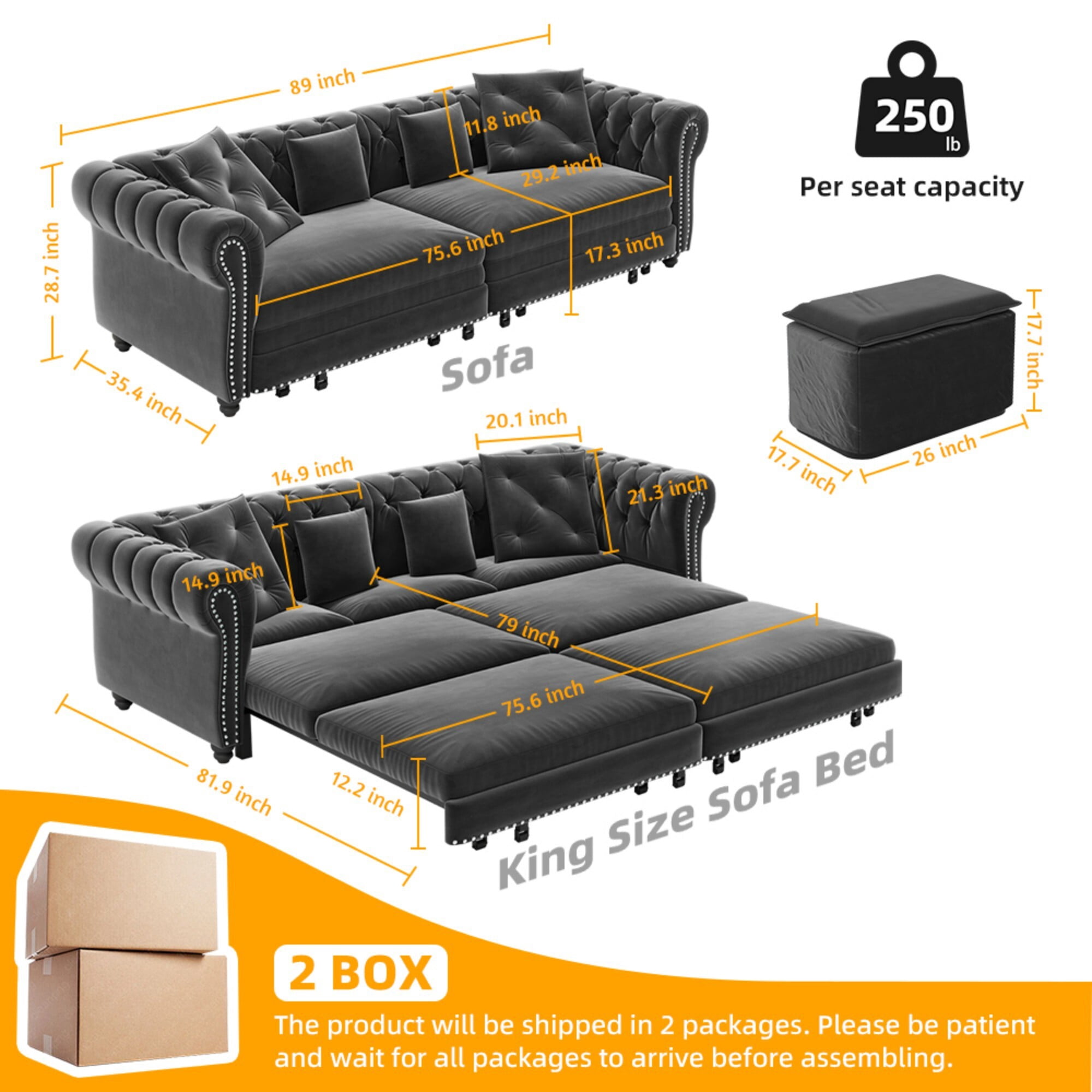 DEALTOPS 89" Velvet King Size Pull-Out Sofa Bed, 3-in-1 Convertible Sleeper Sofa with Ottoman & 4 Pillows, Gray