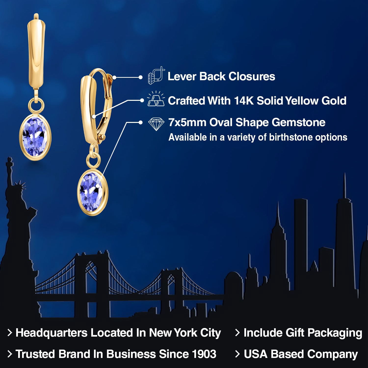 Gem Stone King 14K Yellow Gold Blue Tanzanite Earrings for Women | 1.5 Cttw | Gemstone Birthstone | Oval 7X5MM | Fine Jewelry Gifts for Women Mom Wife Her