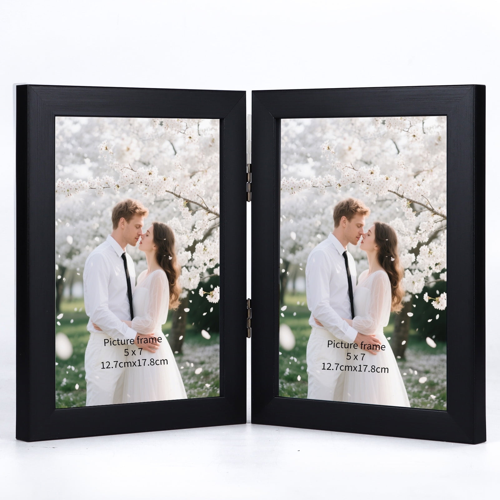 5x7 Double Picture Frame with Real Glass Display Vertically 5 by 7 Photo, Black Hinged Folding Frame for Tabletop Standing