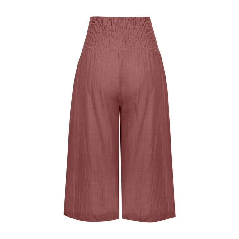 Womens Summer Capri Pants Elastic Waist Cotton Linen Wide Leg Capris Lounge  Cropped Beach Pants Trousers with Pockets 