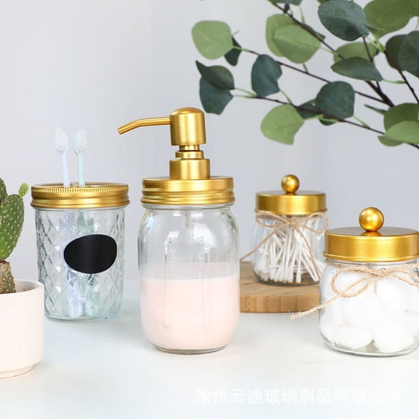 Juego de accesorios de baño de 4 piezas: dispensador de jabón y loción, 2 porta hisopos de algodón y porta cepillo de dientes (dorado)