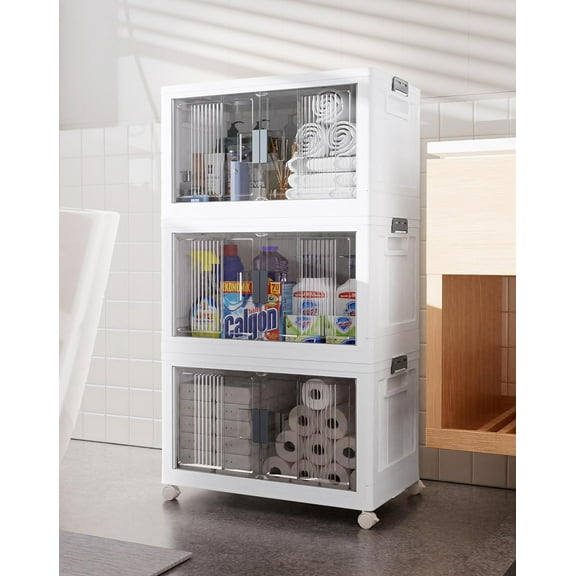 23QT Storage Bins with Lids - Folding Storage box with Doors and Wheels, Collapsible Plastic Storage Bins for Closets, Stackable Storage Organizer, Storage Containers for Closet, 3 Pack Cubes