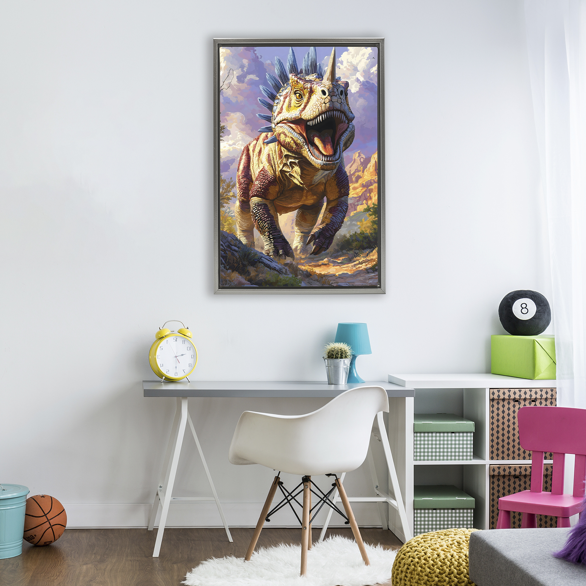 Stupell Industries Fierce Horned Dinosaur Gray Framed Floater Canvas Wall Art, design by Creative Studio