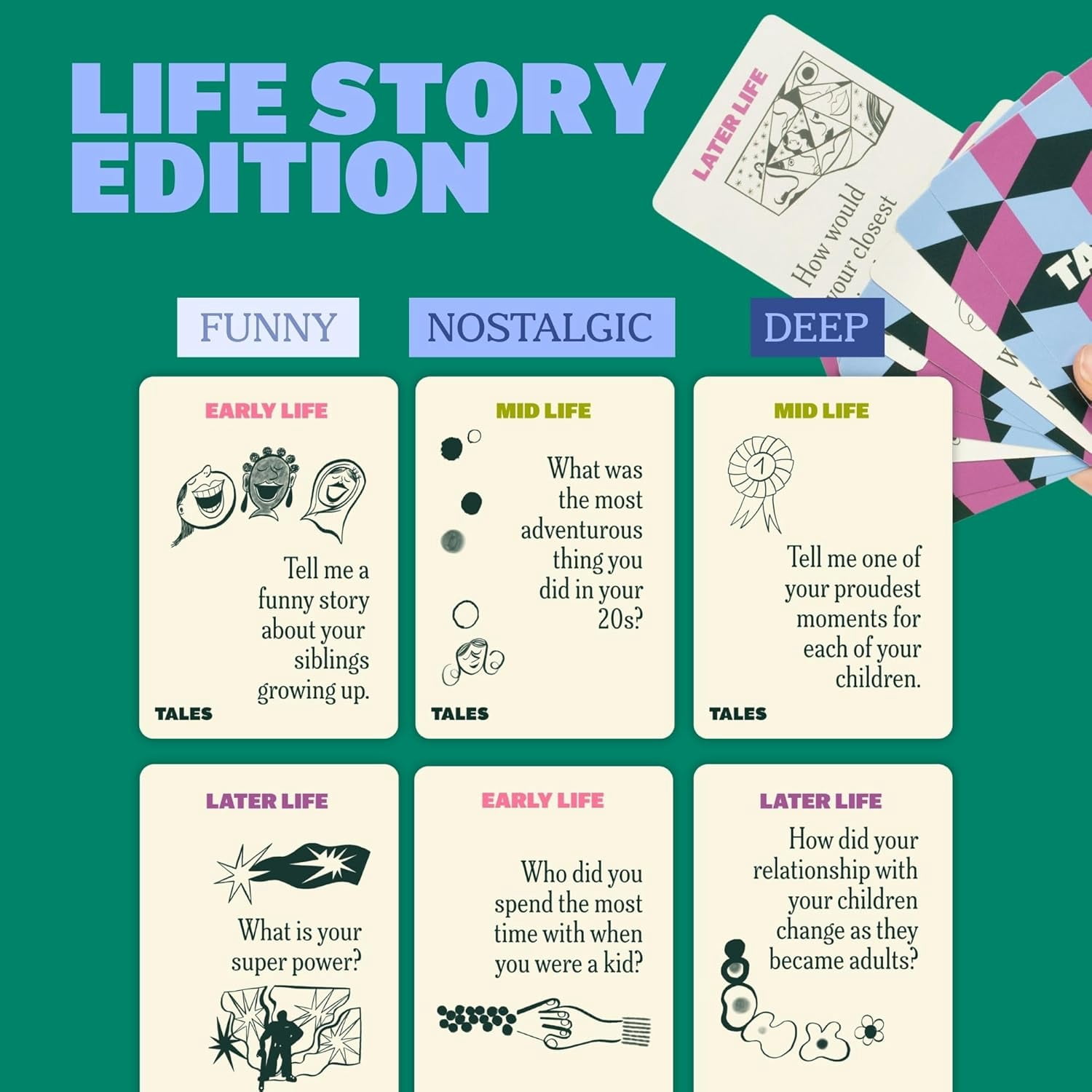 TALES 150 Life Story Interview Kit, Conversation Cards, for Grandparents, Parents, Families, Adults, Game Night, Road Trips