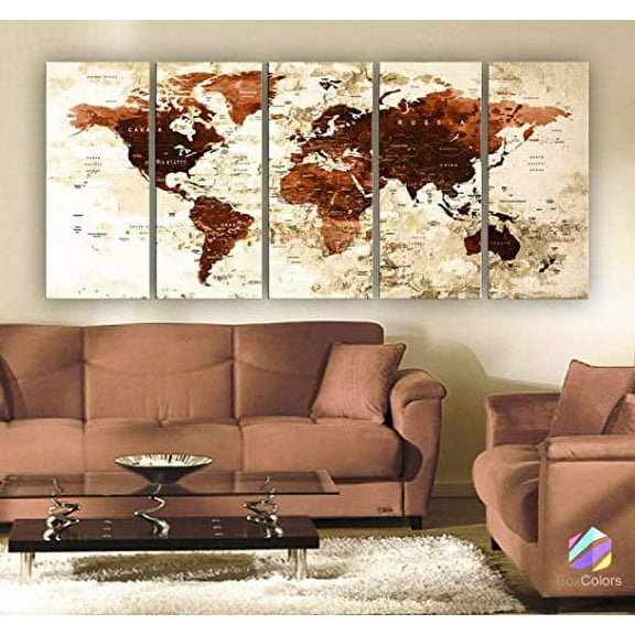 BoxColors - Xlarge 30"x 70" 5 Panels 30x14 Ea Art Canvas Print Watercolor Brown Beige Old Map World Push Pin Travel Wall decor (framed 1.5" depth) M1822