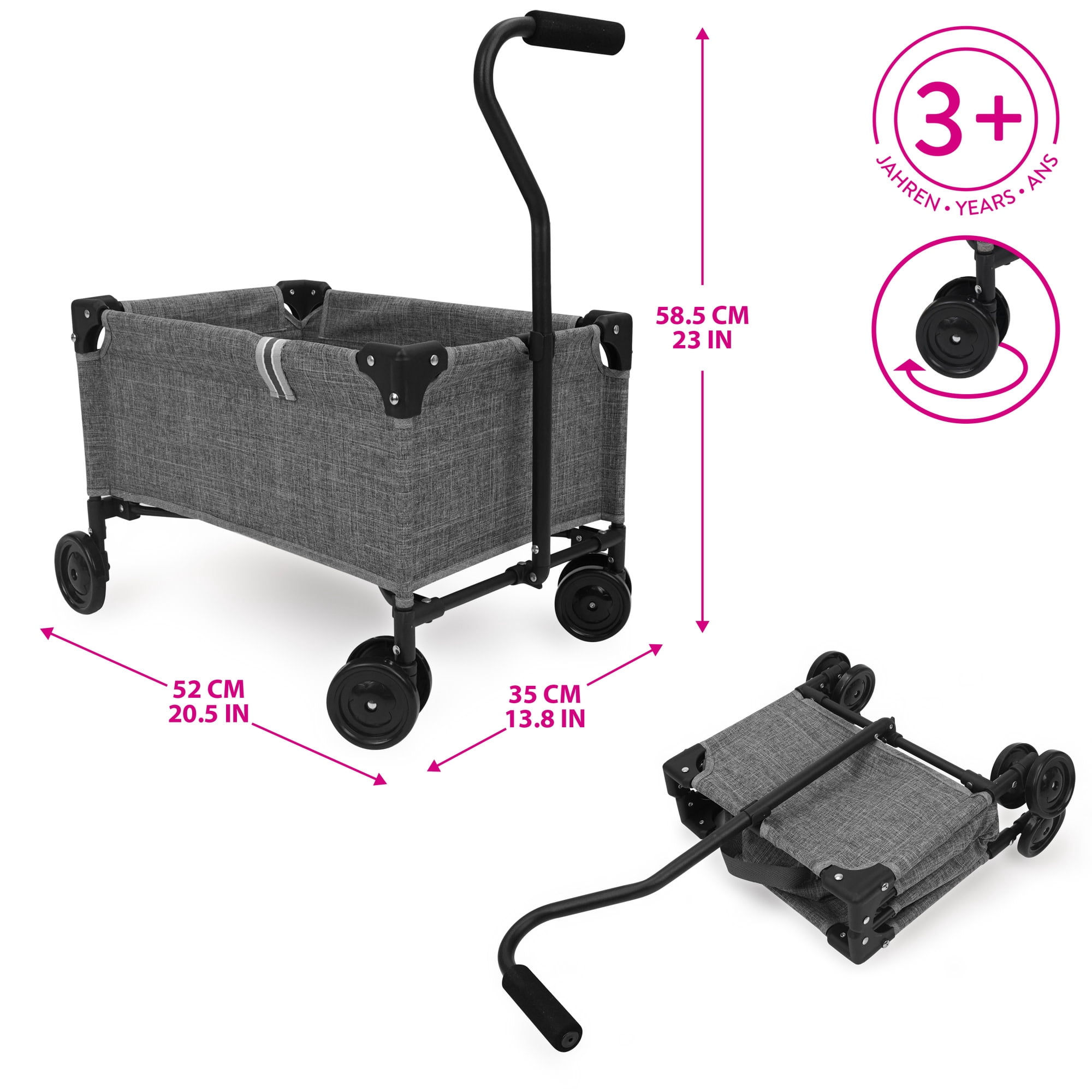 509 Crew: Little Wagon - Melange Grey - Folding Pull-Along Cart, Adjustable Handle, Canvas-Metal Frame, Transport Toys-Dolls-Stuffed Animals, Kid 3+