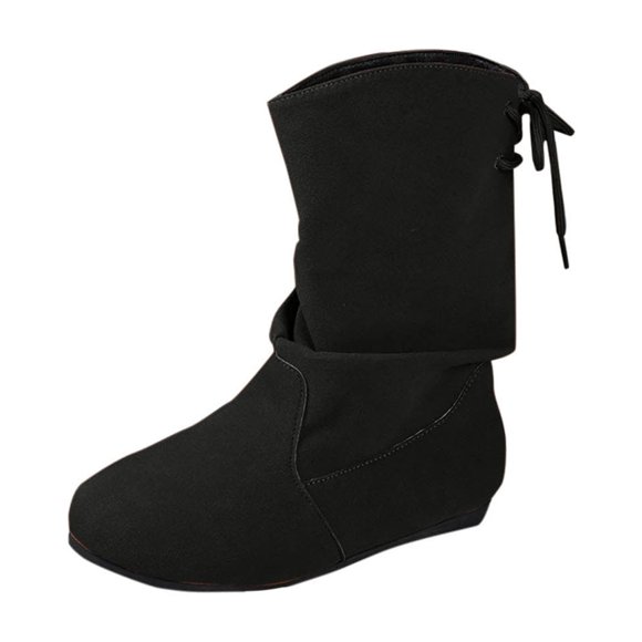 Kyusrd Short Boots For Women Short Boots Women's Fashionable And Casual Winter Short-Tube Pleated Pile Boots Solid Color Round Toe Lace-Up Flat Ankle Boots