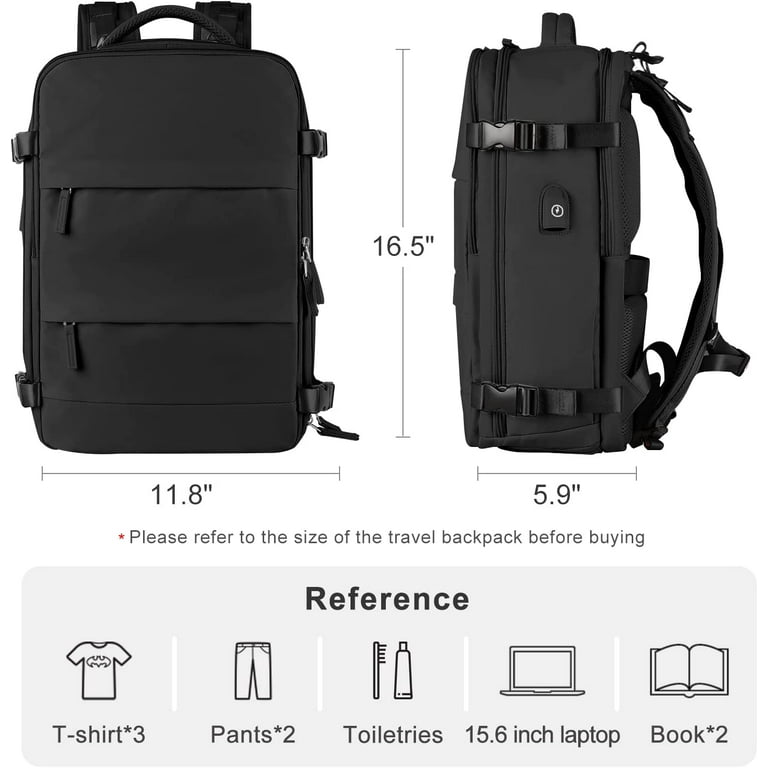 Large Travel Backpack Women, Carry On Backpack,Hiking Backpack Waterproof  Outdoor Sports Rucksack Casual Daypack School Bag Fit 15.6 Inch Laptop with  USB Charging Port Shoes Compartment Black 