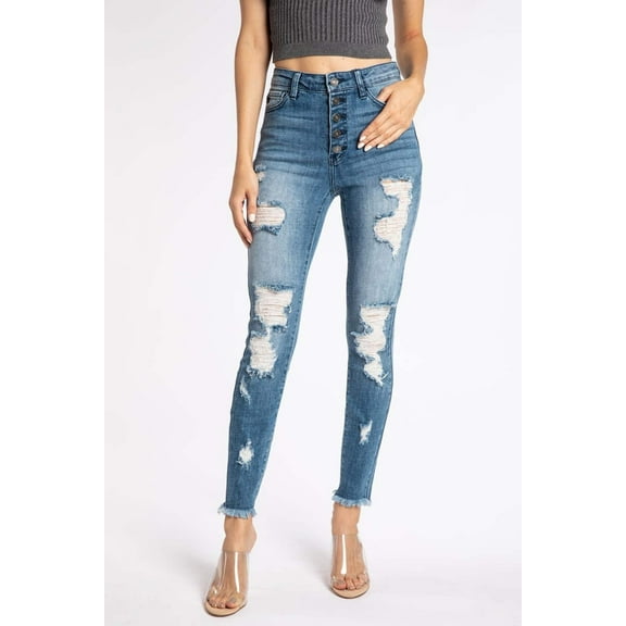 Kancan - Women's High Rise Button Fly Distressed Super Skinny Jeans - kc7310
