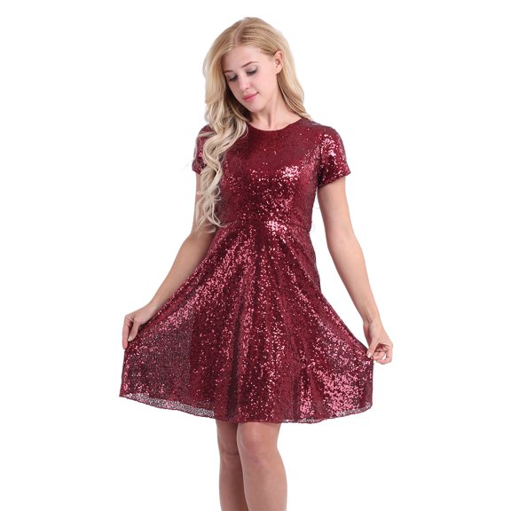 YONGHS Women Short Sleeve Sequin Glitter A-line Dress Mini Party Club Dresses A Wine Red 14