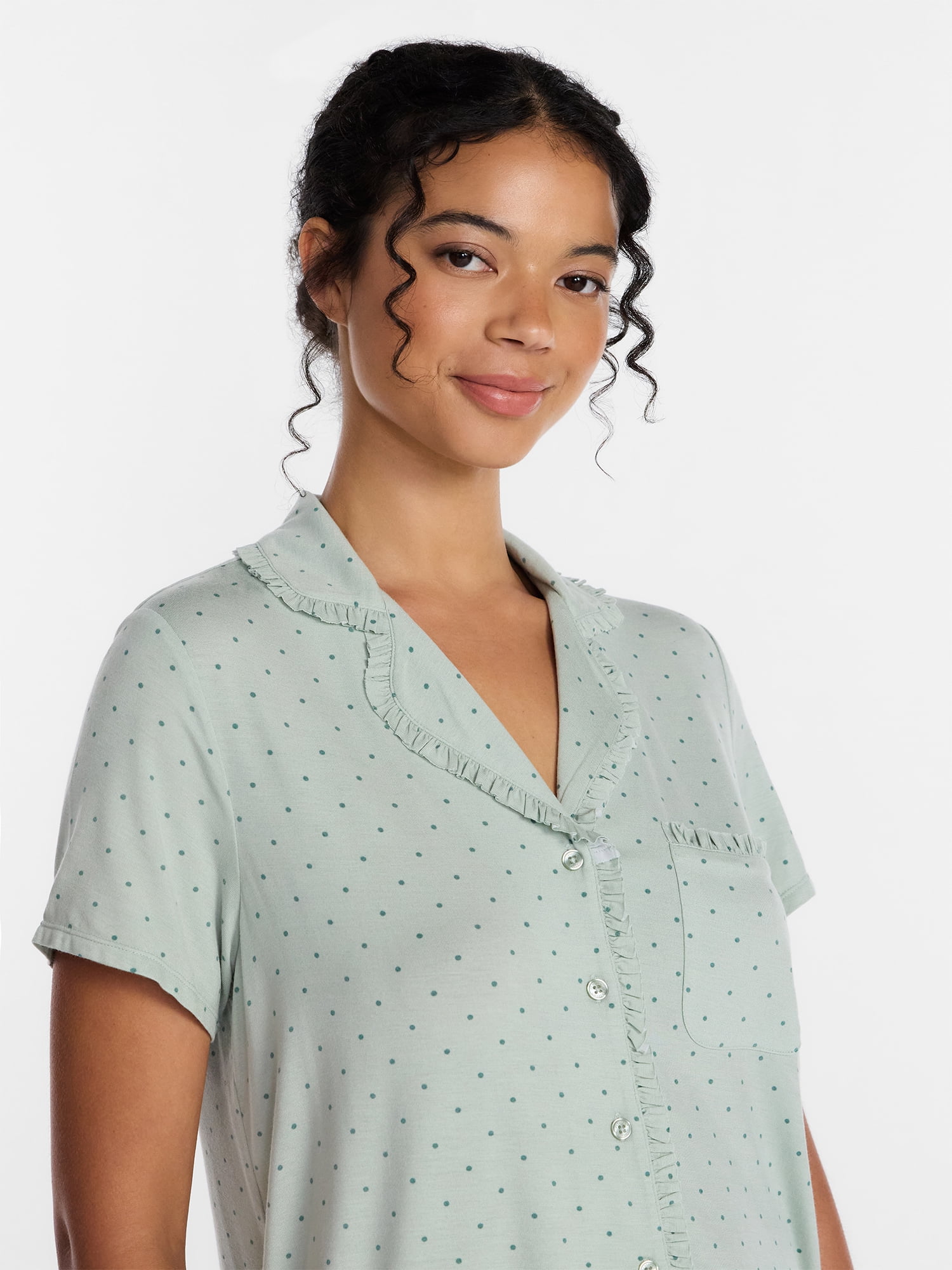 Joyspun Women’s Modal-Blend Ruffle Trim Notch Collar Top and Shorts Pajama Set, 2 Piece, Sizes XS-3X
