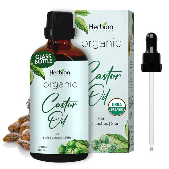 Herbion Naturals Organic Castor Oil (3.3 Oz), USDA Certified Organic, 100% Pure, Cold Pressed, Hexane-Free, Glass Bottle with Dropper