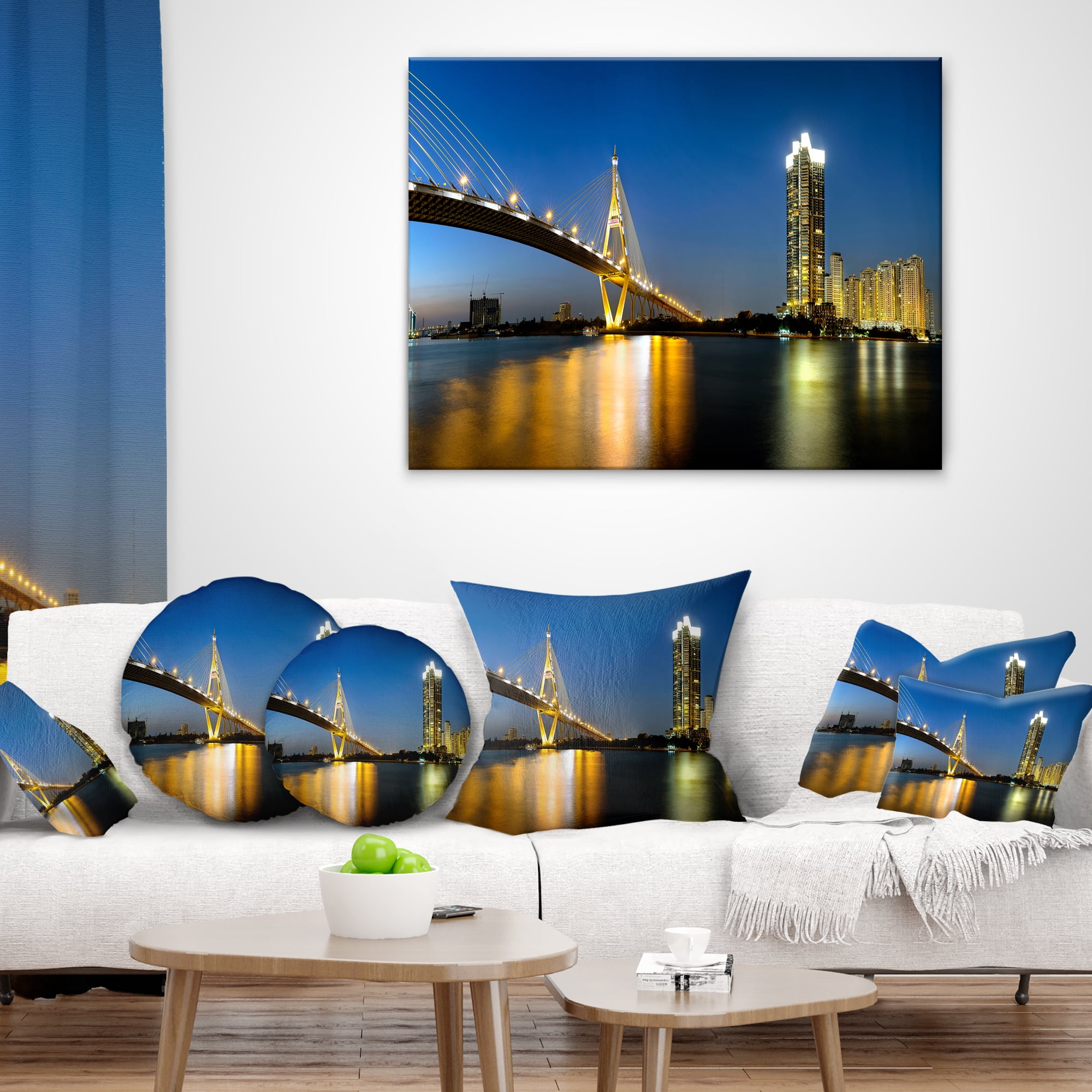 Designart Lit up Bhumibol Bridge at Dusk - Cityscape Throw Pillow - 12x20