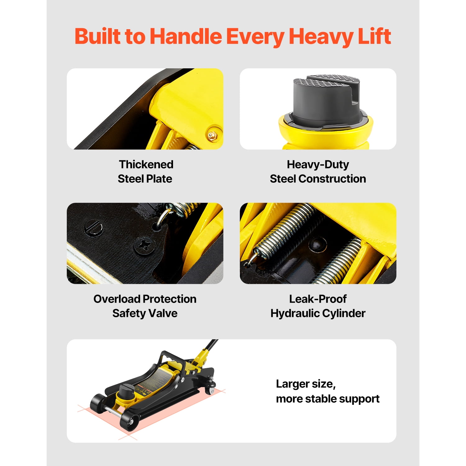 KFFKFF 2.5 Ton Low Profile Steel Floor Jack, Durable Racing Jack with Single Piston Lift Pump, Lifting Range 3.35"-14.96",Black+Yellew