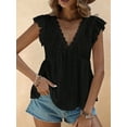 thumbnail image 3 of Deliqiba Women'S Lace Trimmed V Neck Ruffled Sleeve Flared Eyelet Tank Blouse Top Black L, 3 of 5