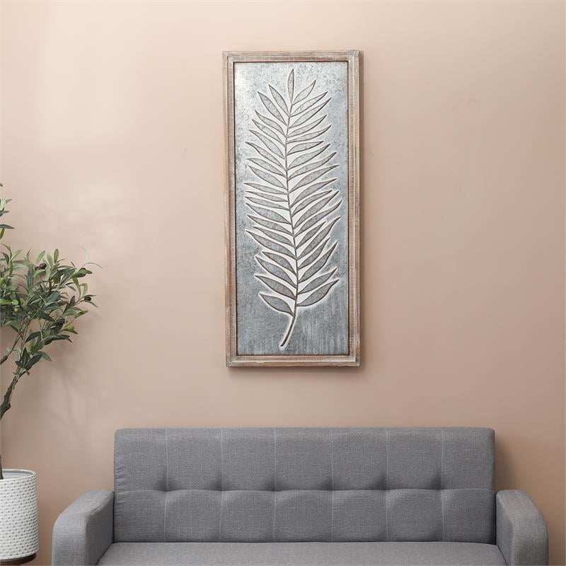 Wood Framed Metal Leaf Wall Decor