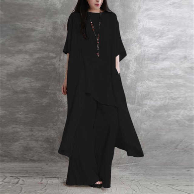 Pantalones Mujeres Irregular Top + Pantalón 2 piezas Algodón Pantalones rectos Trajes Lady Streetwear Kuymtek Negro T XXL para Mujer