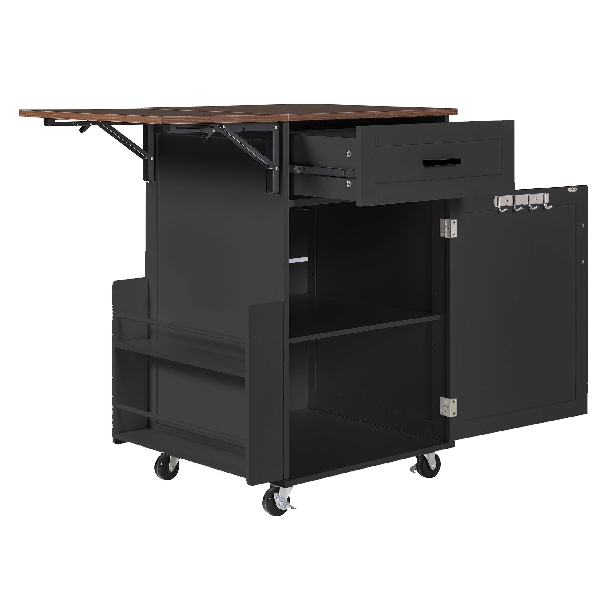 Alvantor Farmhouse Kitchen Island with Drop Leaf, 39.3" W Rolling Kitchen Cart with Side Rack for Dining Room Black