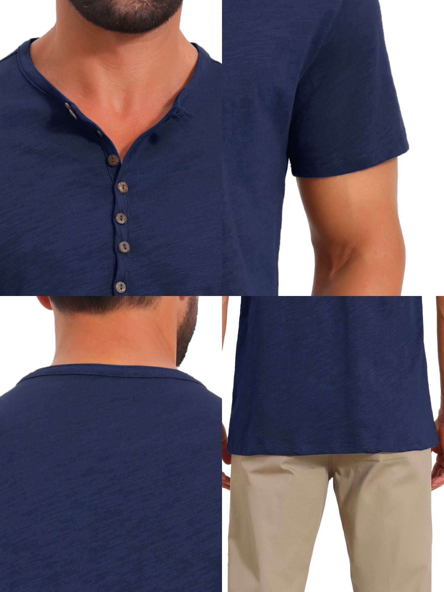 DARING DIVA Men's Retro Henley Texture Button Down Short Sleeve T-Shirt L Navy Blue