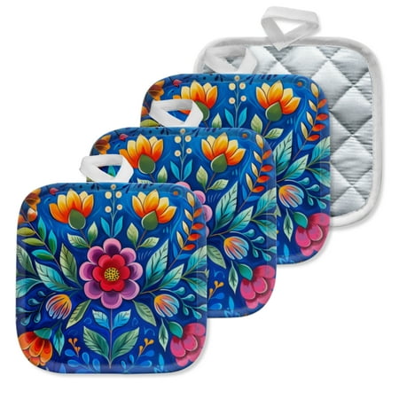 

4 Pack Pot Holders Kitchen Essential Potholder Set Blue Background With A Bounty Of Colorful Blooms