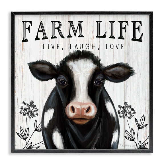 Stupell Industries Rustic Lodge Farm Life Dairy Cow Sign Wildflower Florals Black Framed Giclee Art, 12 x 12, by Elizabeth Tyndall