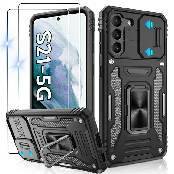 Atump for Galaxy S21 Case with 2Pcs HD Screen Protector, Military Grade Shockproof and Slide Camera Cover, 360° Rotated Ring Kickstand Protective Case for Samsung Galaxy S21,Black