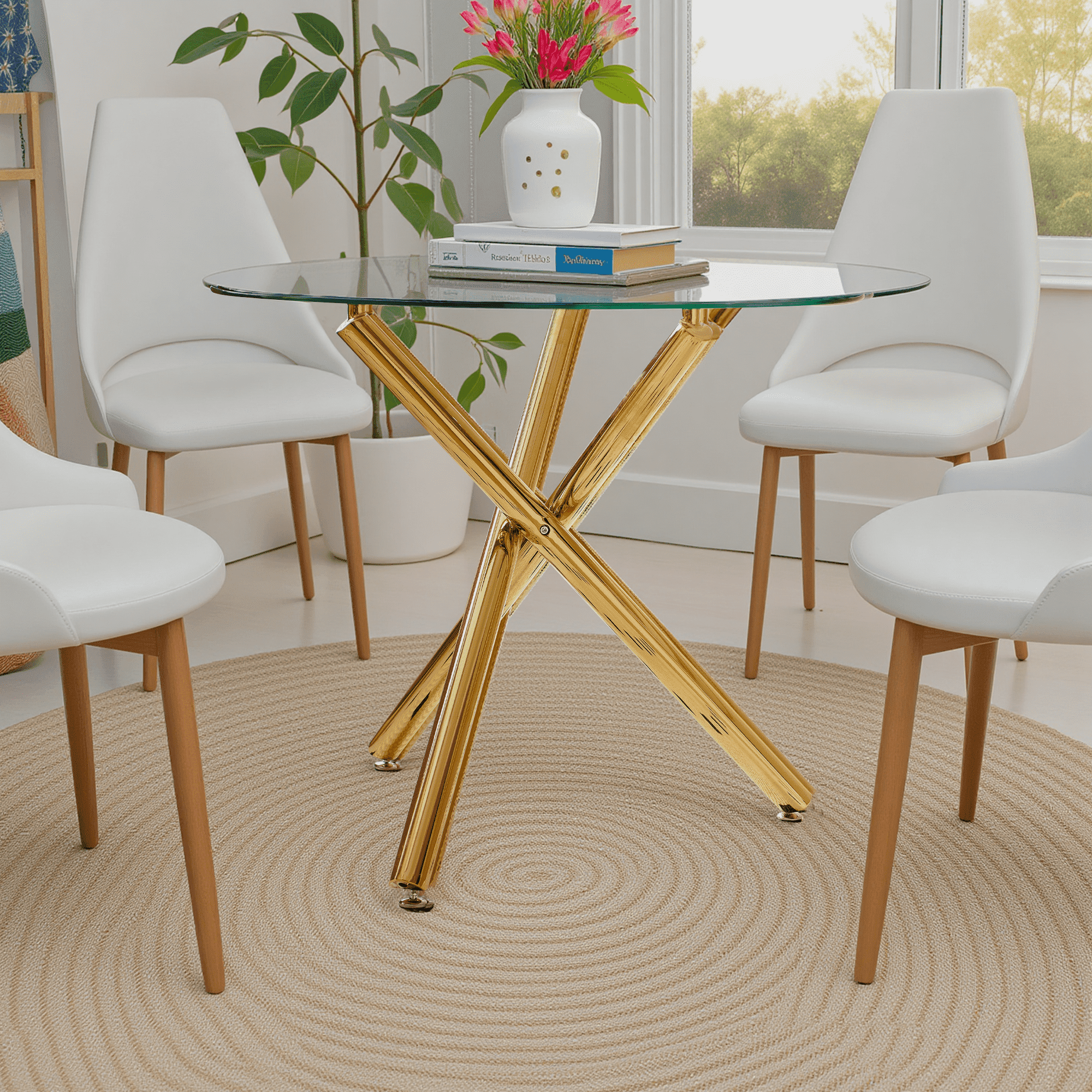 MAYEERTY Modern Golden Dining Table Cross Legs Glass Top Luxurious Living Room