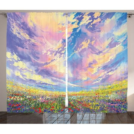 Latitude Run Collis Scenery Pastoral Valley under Surreal Dreamy Sky Floral Fresh Blooming Flourishing Graphic Print & Text Semi-Sheer Rod Pocket Curtain Panels (Set of