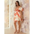 thumbnail image 5 of Women'S Boho Floral Mini Dress Puffy Short Sleeve Cutout V Neck Casual Long Beach Dress Orange Red Print M, 5 of 7