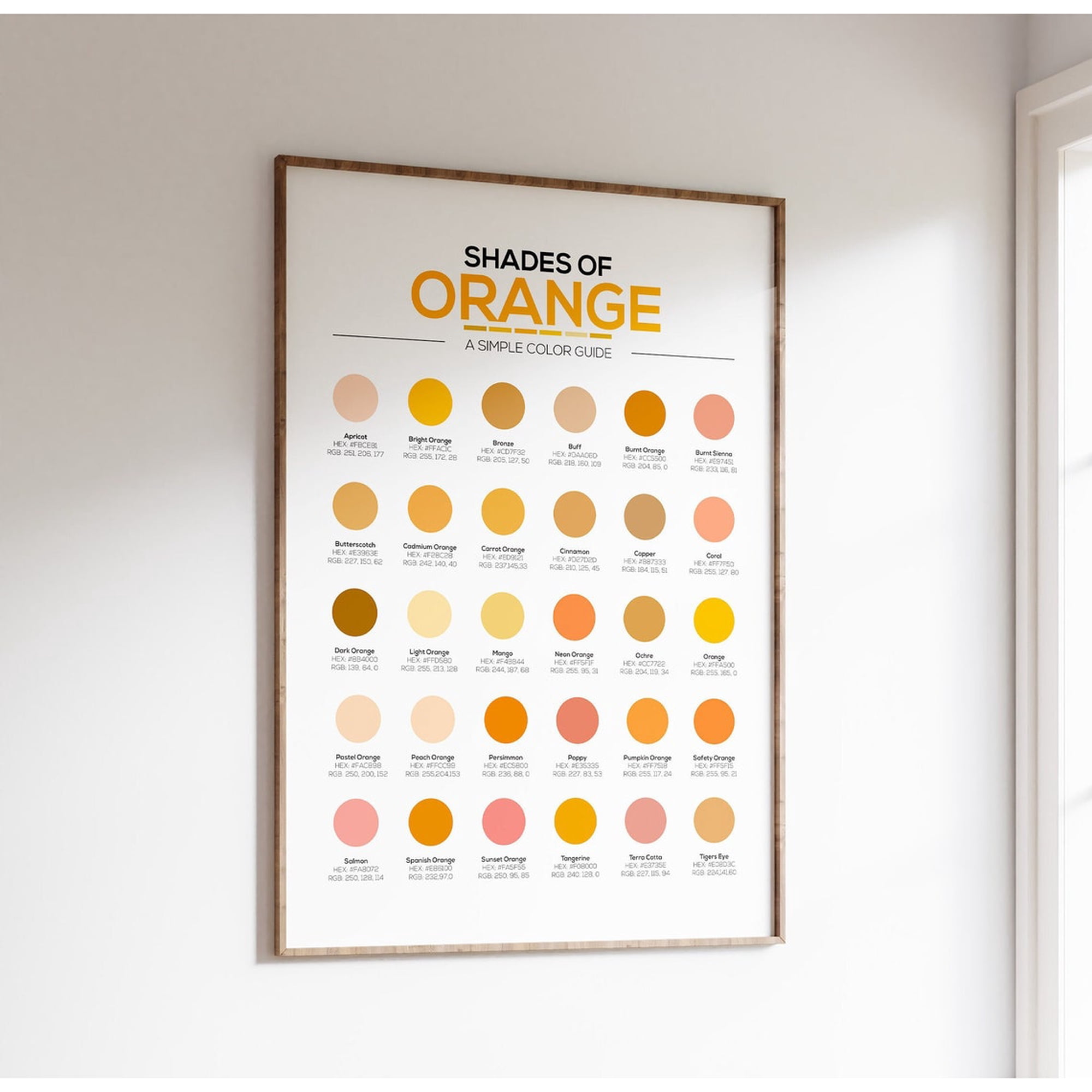 Different Shades Of Orange Color Chart 30 Hex Codes Rgb Designer Reference Home Decor Office Wall Art