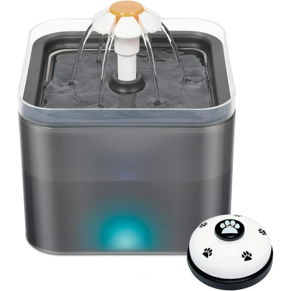 Cat Dog Water Fountain with Adapter, 67oz/2L Ultra Silent Cat Fountain, Automatic Square Drinking Fountain with Pet Bell for Cats Dogs Birds (Gray)
