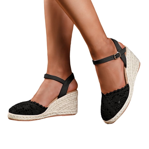 Rokment Womens Boho Beach Crochet Espadrilles Wedges Dress Sandals Spring Summer Fashion Casual Lace Closed Toe Platform Chunky High Heels for Woman Bride Wedding Vacation Black Size 6