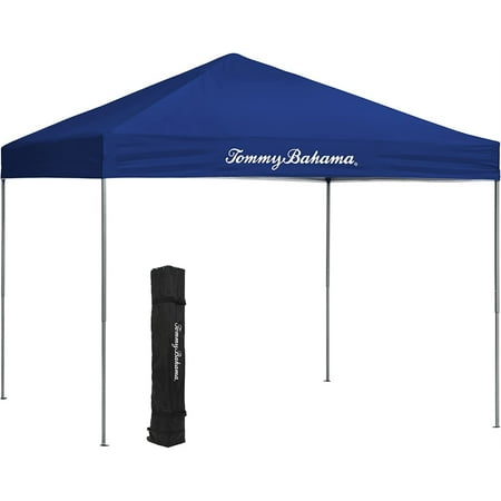 Tommy Bahama Patented Pop Up Canopy EZ Open Tent with Roller Bag and tent Spikes  for All Outdoor Activities  Blue  10 x 10 Feet