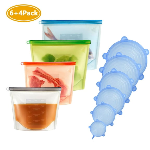 10 Pack Silicone Food Storage Bag(4Pcs) and Silicone Stretch Lids(6Pcs), Eco-Friendly Reusable Food Bags and Covers, Reusable Leakproof Freezer Bags for Meat, Fruits, Vegetables
